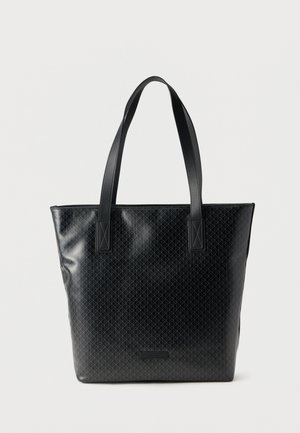 Black tote bag made of glossy synthetic material with geometric pattern, featuring two long handles and a flat rectangular shape.