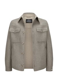 Grau wollene Hemdjacke mit durchknöpfbarem Frontbereich, zwei Brusttaschen und strukturiertem Kragen. Verfügt über ein weiches Innenfutter und eine lässige Passform.