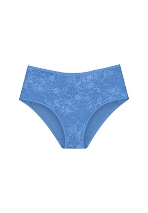 Blaue Damenunterwäsche mit hoher Taille aus Spitze mit Blumenmuster und elastischen Seiten, auf weißem Hintergrund dargestellt.