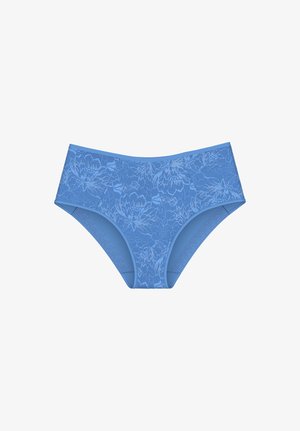 Blaue Damenunterwäsche mit hoher Taille aus Spitze mit Blumenmuster und elastischen Seiten, auf weißem Hintergrund dargestellt.