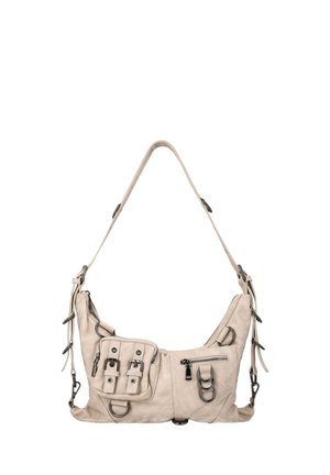 Beżowa skórzana torba na ramię z wieloma kieszeniami na zamki i klamry, metalowymi pierścieniami oraz regulowanym paskiem.