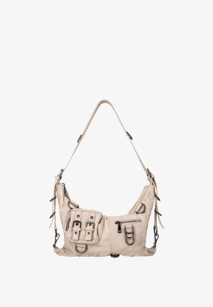 Beżowa skórzana torba na ramię z wieloma kieszeniami na zamki i klamry, metalowymi pierścieniami oraz regulowanym paskiem.