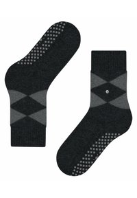 Graue Socken mit einem Argyle-Muster in dunkleren und helleren Farbtönen. Strukturierten Grip-Punkte an der Sohle. Gerippter Bund am oberen Ende.