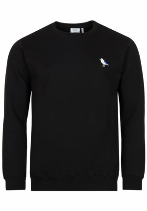 Sweatshirt noir en coton à manches longues, col rond, avec un design d'oiseau brodé en bleu et blanc sur le côté gauche de la poitrine.