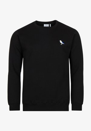Black sweatshirt made of cotton with long sleeves, a crew neck, and an embroidered bird design in blue and white on the left chest.