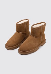 Bottines en daim marron avec une douce doublure en fourrure blanche, dotées d'une semelle en caoutchouc basse et de détails de couture minimalistes.