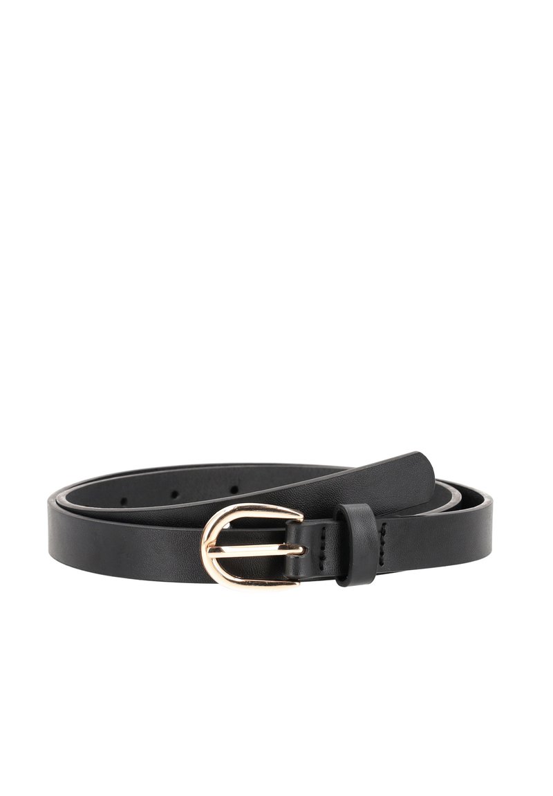 Zwarte leren riem met een gladde textuur, voorzien van een goudkleurige metalen gesp en meerdere gaatjes voor aanpassing. Klassiek ontwerp voor veelzijdig gebruik.