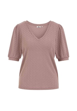 Fliederfarbene Bluse mit kurzen Ärmeln, V-Ausschnitt und dezentem Chevron-Muster, mit leicht aufgepufften Ärmeln und enganliegenden Bündchen.