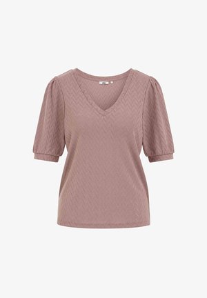 Bluzka w kolorze mauve z krótkim rękawem, dekoltem w kształcie litery V oraz subtelną fakturą w jodełkę, z lekko bufkami na rękawach zakończonych dopasowanymi mankietami.