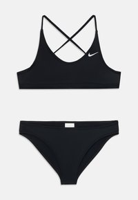 Ensemble de bikini noir avec un design de bretelles croisées sur le haut et un bas uni. Fabriqué en tissu lisse avec un léger éclat. Logo Nike sur le haut.