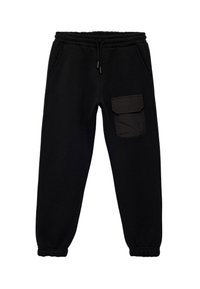 Pantalones de chándal negros de mezcla de algodón, con cinturilla elástica, dos bolsillos laterales y un bolsillo de carga lateral con solapa.
