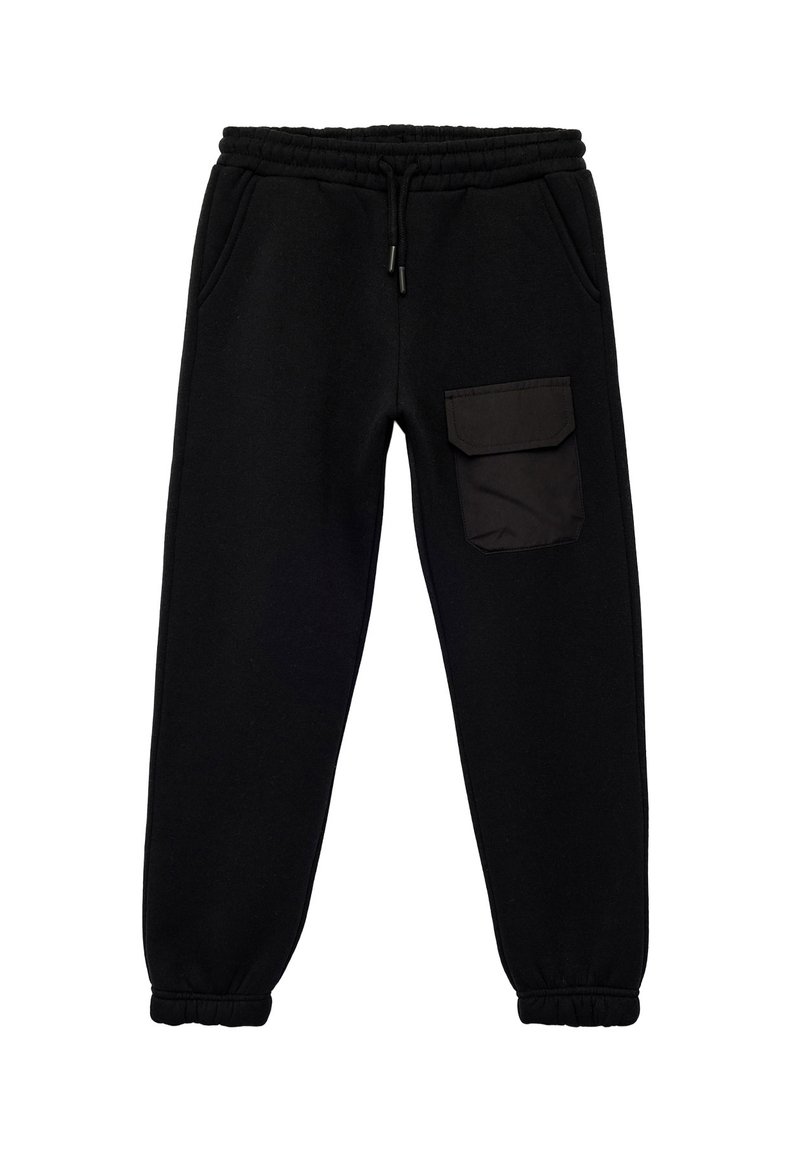 Pantalones de chándal negros de mezcla de algodón, con cinturilla elástica, dos bolsillos laterales y un bolsillo de carga lateral con solapa.