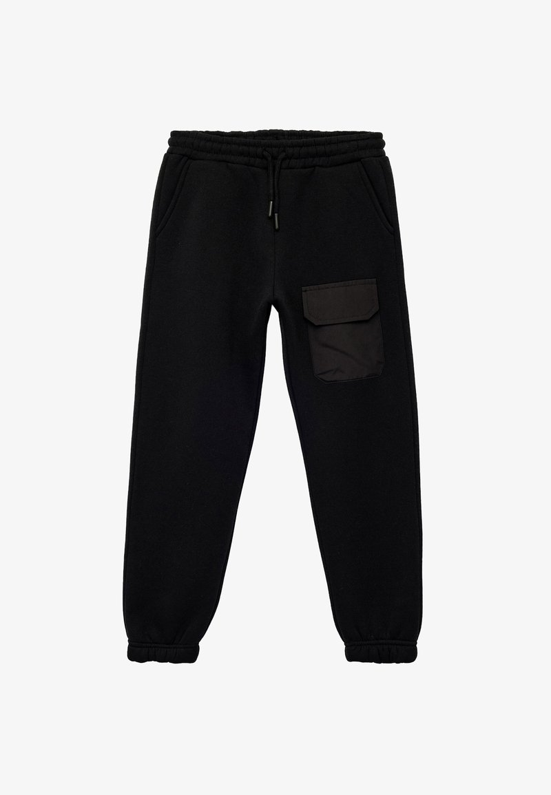 Pantalones de chándal negros de mezcla de algodón, con cinturilla elástica, dos bolsillos laterales y un bolsillo de carga lateral con solapa.