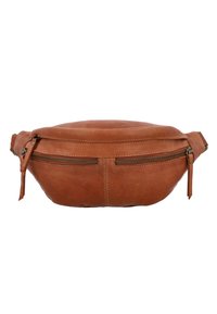 Marsupio in pelle marrone con design arrotondato, due tasche con zip e cuciture in vista. Materiale resistente con una texture liscia.