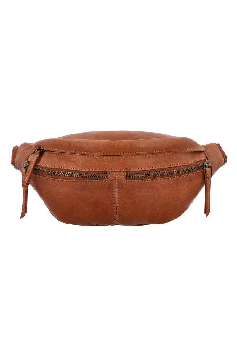 Marsupio in pelle marrone con design arrotondato, due tasche con zip e cuciture in vista. Materiale resistente con una texture liscia.