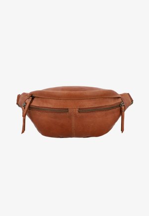 Brun læderbæltetaske med en rundet design, to lynlåslommer og synlig syning. Holdbart materiale med en glat tekstur.