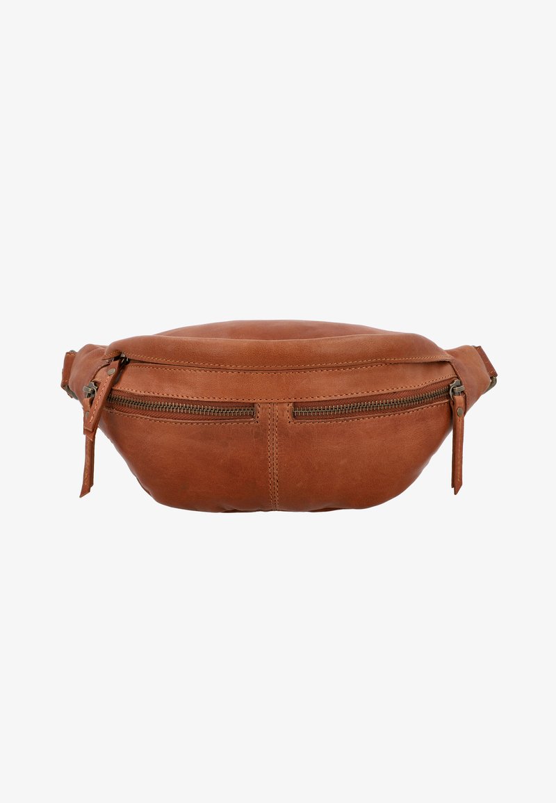 Brun läderbälte med rundad design, två dragkedjefickor och synlig söm. Hållbart material med en slät yta.