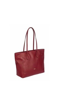 Sac tote en cuir rouge avec une surface texturée, deux longues poignées et des accents dorés discrets. Présente une forme rectangulaire avec une ouverture sur le dessus.