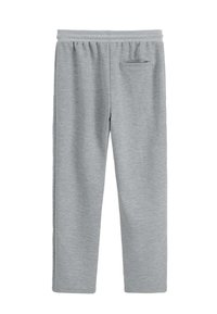 Pantalon de survêtement gris en tissu doux, avec une taille élastique et une poche arrière. Modèle à jambes droites sans motifs.