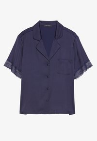 Jūras spēku īsām piedurknēm blūze ar kabatu, ar mežģīņu apdari uz piedurknēm, izgatavota no gludas auduma, ar pogu aizdari un klasisku apkakles dizainu.