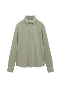 Ljusgrön långärmad skjorta i mjukt tyg, med knäppning framtill, krage och subtil textur. Standard passform med rak nederkant.