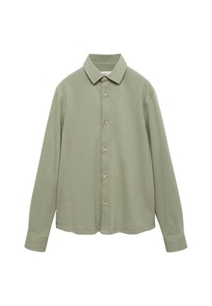 Chemise à manches longues de couleur vert clair en tissu doux, avec un devant à boutons, un col et une texture subtile. Coupe standard avec ourlet droit.