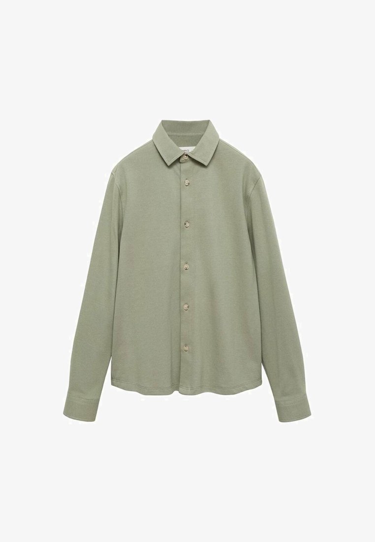 Svijetlozelena majica dugih rukava od mekog materijala, s kopčanjem sprijeda, kragnom i suptilnom teksturom. Standardni kroj s ravnim rubom.