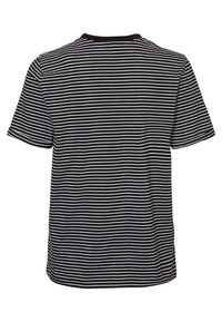 Svart og hvit stripete t-skjorte med korte ermer, som har rund hals og en myk tekstur. Bakfra vises horisontale striper.