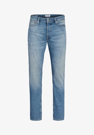 Jeans bleu clair à jambes droites avec délavage, fermeture par bouton, passants pour ceinture, et poches avant et arrière.