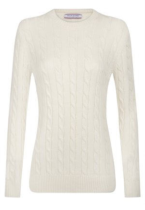 Cremefarvet kabelstrik sweater med lange ærmer, rund halsudskæring, ribbet kant og intrikat struktureret mønster. Stoffet fremstår blødt og varmt.