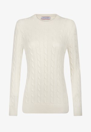 Cremefarvet kabelstrik sweater med lange ærmer, rund halsudskæring, ribbet kant og intrikat struktureret mønster. Stoffet fremstår blødt og varmt.