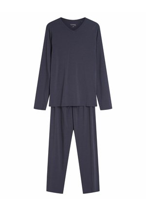Granatowy zestaw z długim rękawem, bluzka z dekoltem V i pasujące spodnie, wykonany z miękkiego, lekkiego materiału o luźnym kroju i prostych nogawkach.