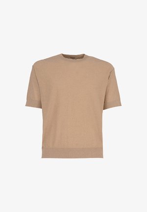 Pull en maille beige à manches courtes avec poignets et ourlet côtelés, doté d’un col rond et d’un tissu texturé.