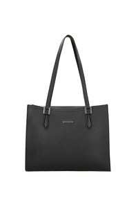 Zwarte leren tote bag met textuur, voorzien van twee lange handvatten, goudkleurige hardware en een reliëflogo aan de voorkant. Rechthoekige vorm met ritssluiting.