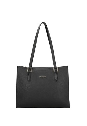 Zwarte leren tote bag met textuur, voorzien van twee lange handvatten, goudkleurige hardware en een reliëflogo aan de voorkant. Rechthoekige vorm met ritssluiting.