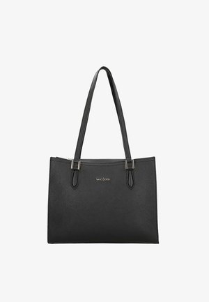 Zwarte leren tote bag met textuur, voorzien van twee lange handvatten, goudkleurige hardware en een reliëflogo aan de voorkant. Rechthoekige vorm met ritssluiting.