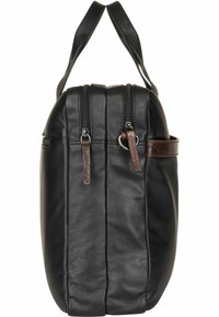 Black leather bag with dual zippers, flat sides, and a textured finish. Features a brown accent strap on the side for added detail.