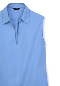 Blusa senza maniche azzurra chiara con colletto, dotata di scollatura a V, leggera lucentezza e una tasca laterale. Tessuto dalla texture liscia.