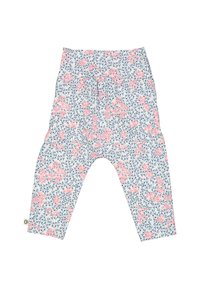 Katoenen broeken met een bloemenpatroon op een lichtblauwe achtergrond, roze bloemen en groene bladeren. Elastische tailleband voor een verstelbare pasvorm.