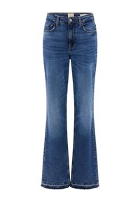 Jean en denim bleu évasé avec une taille haute, présentant des coutures contrastantes et des ourlets effilochés. Design classique à cinq poches et fermeture à bouton en métal.