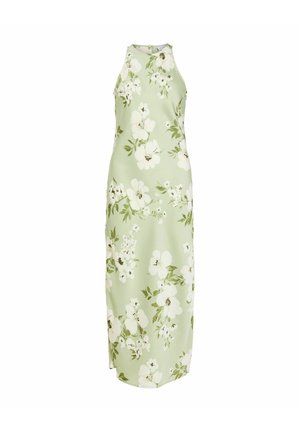 Robe maxi sans manches vert clair avec imprimé floral blanc et col montant, silhouette ajustée.