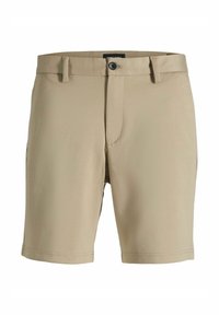 Shorts décontractés pour hommes de couleur beige avec passants pour ceinture, fermeture à boutons et braguette zippée à l'avant.