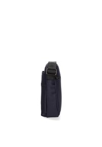 Borsa in tessuto blu navy con una texture liscia, forma rettangolare, tracolla nera regolabile e tasca laterale con zip per riporre oggetti.