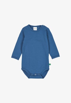 Langærmet blå bodysuit lavet af blødt bomuld. Har trykknaplukninger ved kraven og bunden. Glat tekstur uden mønstre.