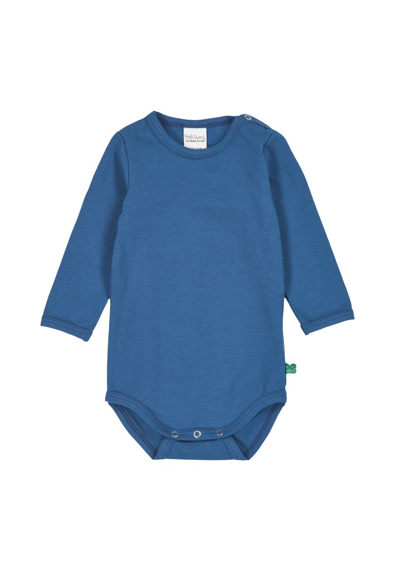 Long-sleeve blue bodysuit made of soft cotton. Features snap closures at the collar and bottom. Smooth texture with no patterns.