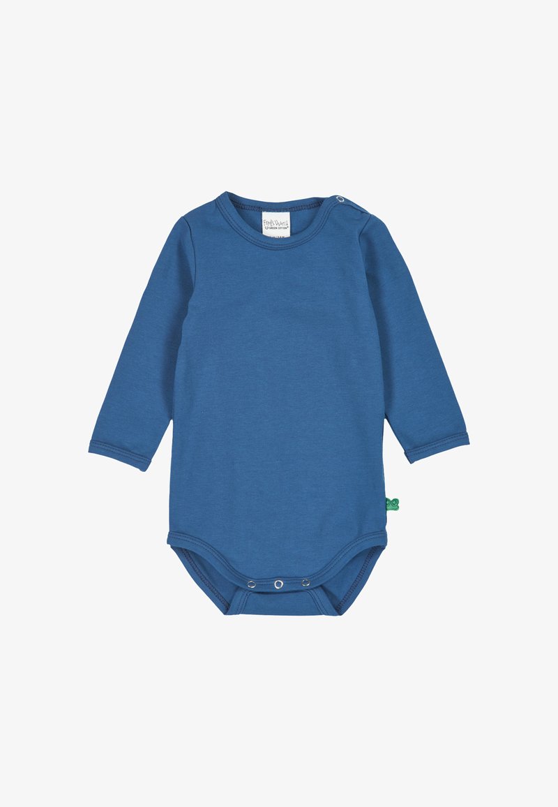 Body a maniche lunghe blu realizzato in morbido cotone. Presenta chiusure a scatto al colletto e sul fondo. Texture liscia senza motivi.