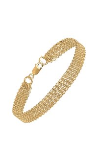 Pulsera de malla dorada con cierre de broche. Presenta un diseño texturizado y trenzado con eslabones flexibles y un acabado metálico brillante.