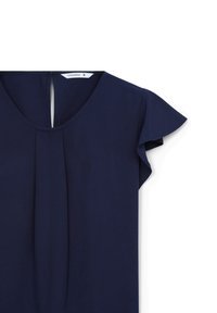 Blusa blu navy con maniche a farfalla corte, dettaglio anteriore plissè e apertura a chiave sul retro. Realizzata in tessuto morbido.
