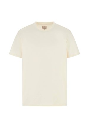 Effen crèmekleurig T-shirt met korte mouwen en ronde hals, voorzien van een klein GUESS-merklabel bij de halslijn.