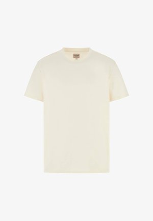 Effen crèmekleurig T-shirt met korte mouwen en ronde hals, voorzien van een klein GUESS-merklabel bij de halslijn.